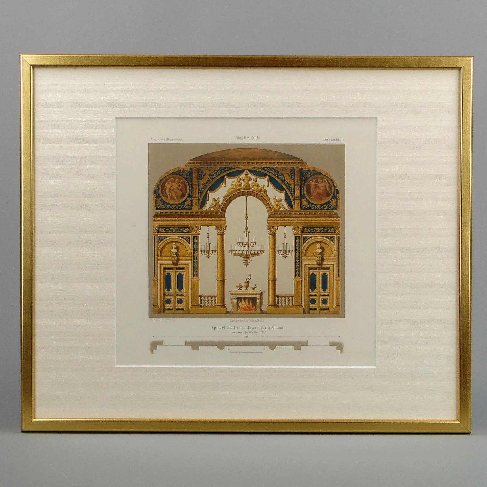 Grafika architektoniczna neoklasycystyczna, złoty, papier, Niemcy, XIX w. - 12465