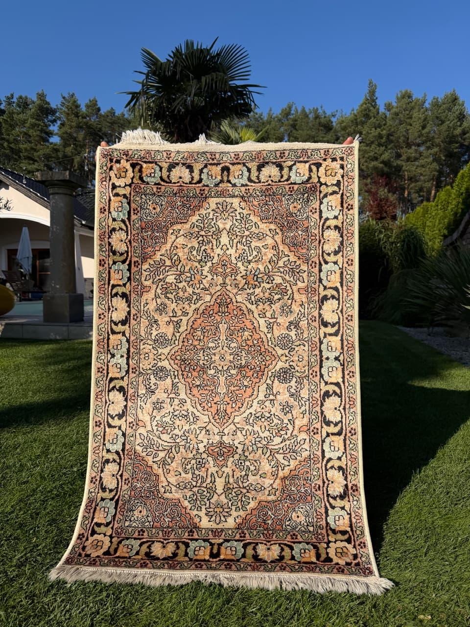 Dywan Ghoum, 132x77 cm, jedwab beżowy, Indie - 180296