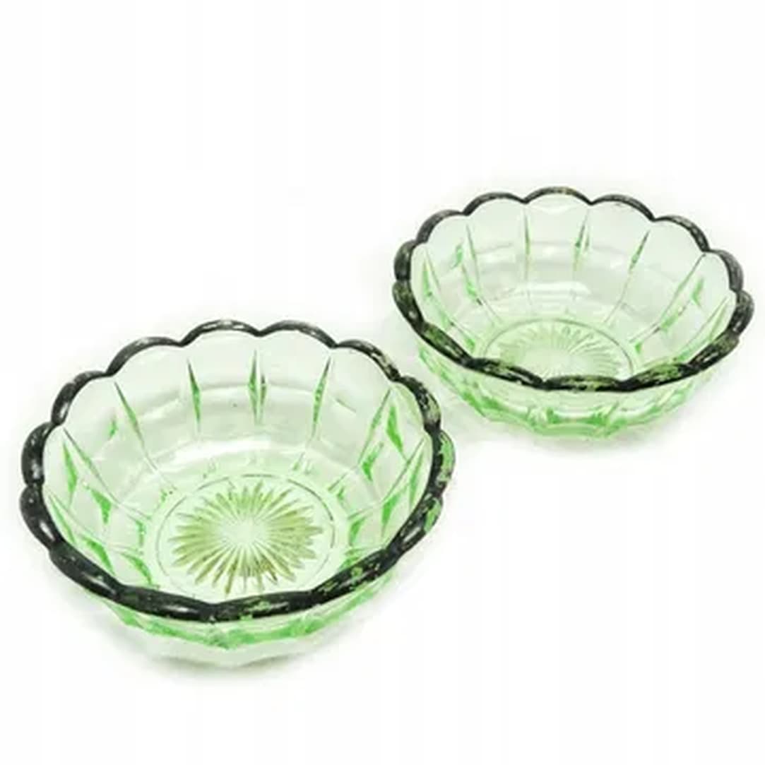 Para miseczek deserowych Art Deco, szkło uranowe, Huta Niemen, Polska, lata 30.