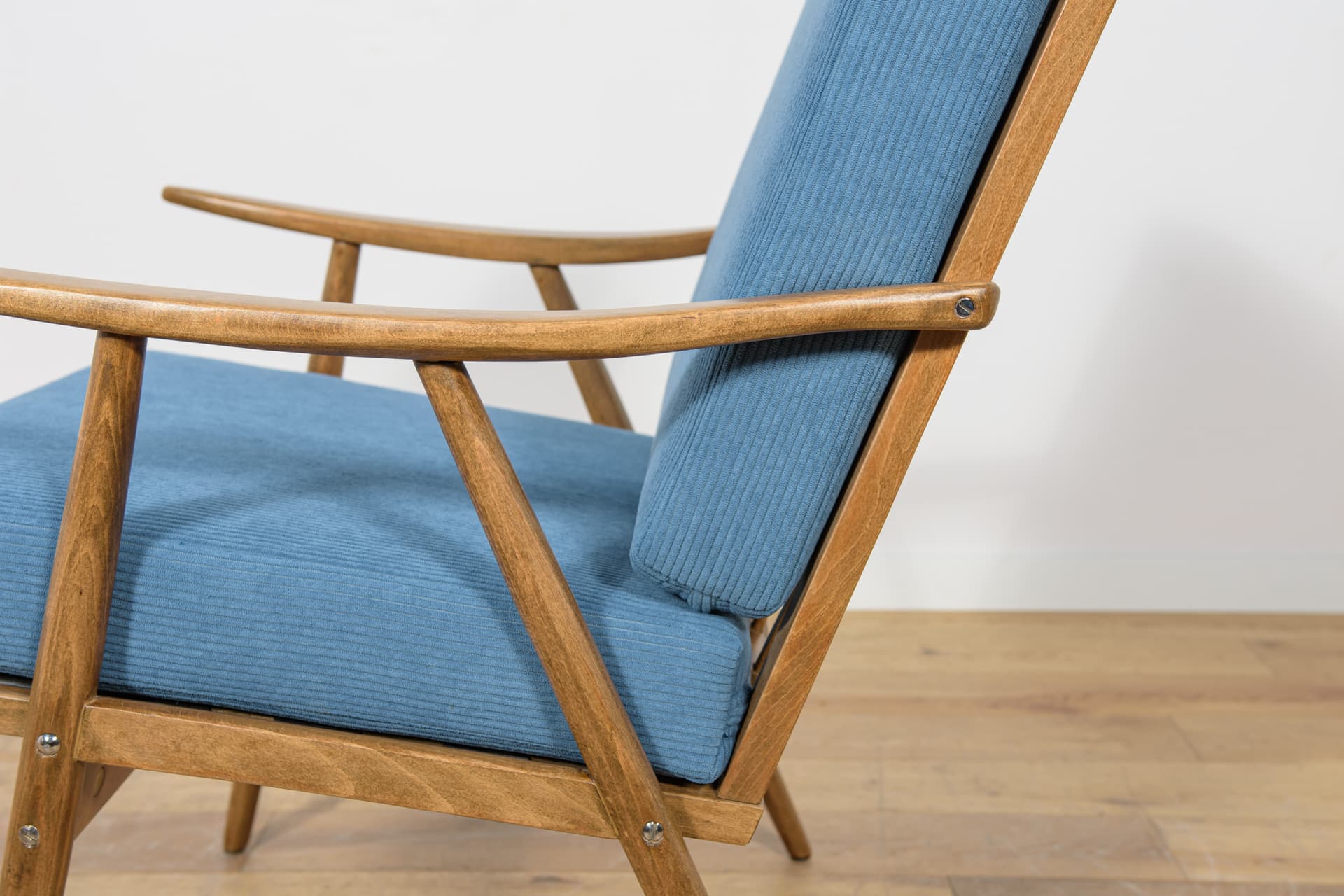 Para foteli, beech orzech, tapicerka niebieska, TON, Czechosłowacja, lata 60. - 181347