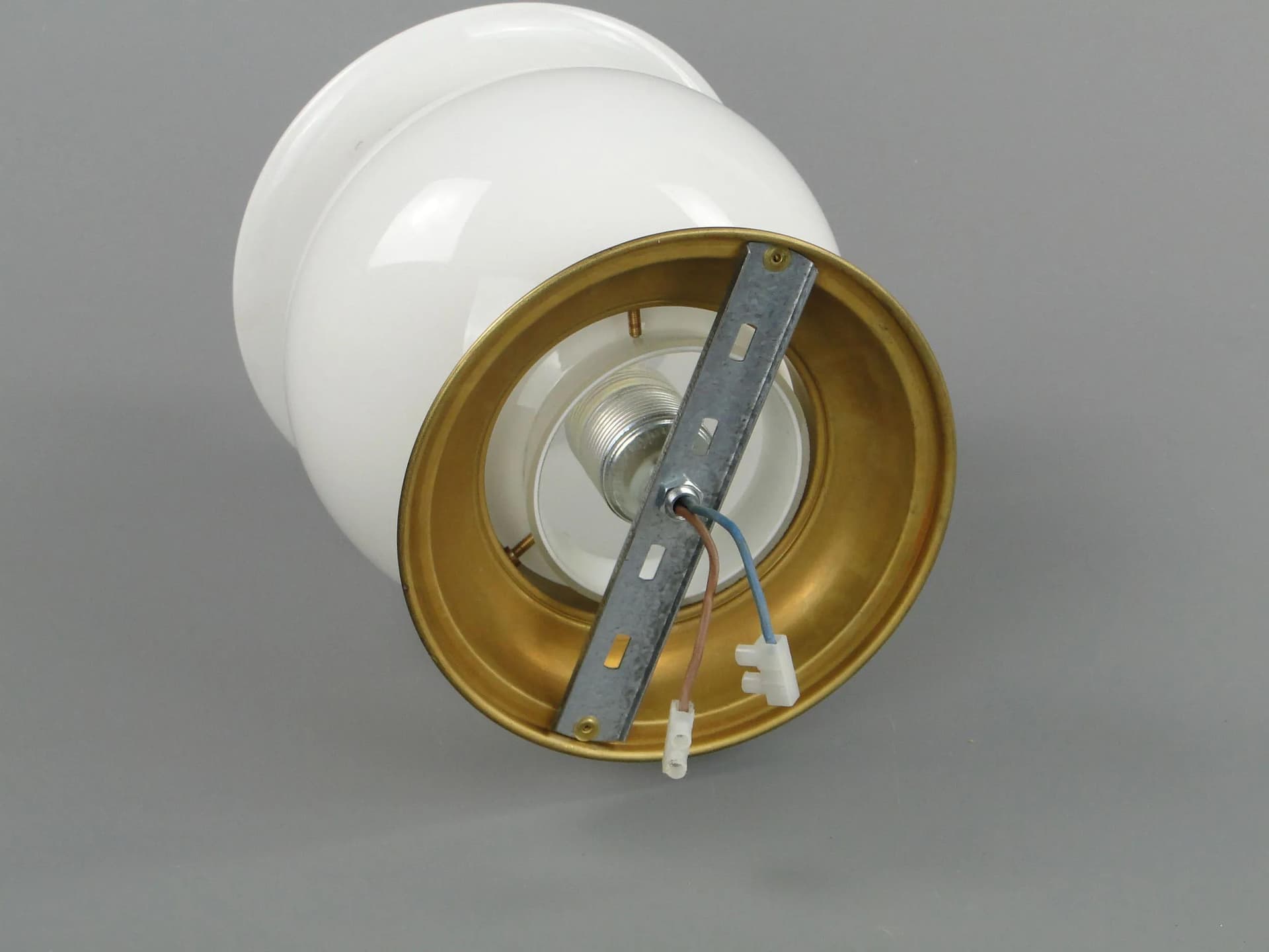 Ceiling lamp, white, glass, brass, Poland, 1970s. - 12645