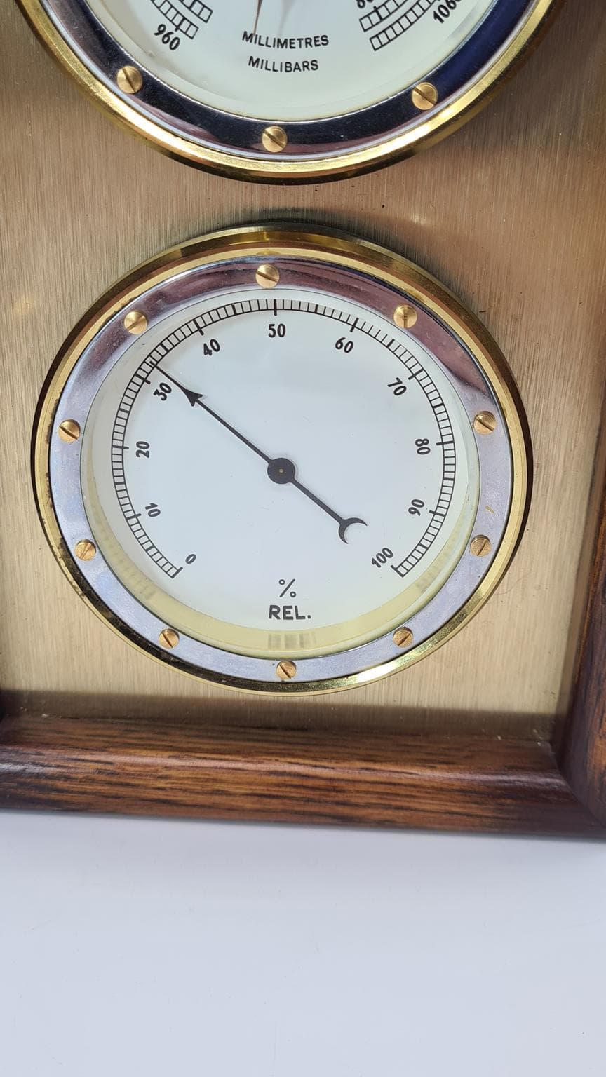 Stacja pogodowa, brązowy ciemny, drewno mosiądz, Holandia, lata 70. - 181997