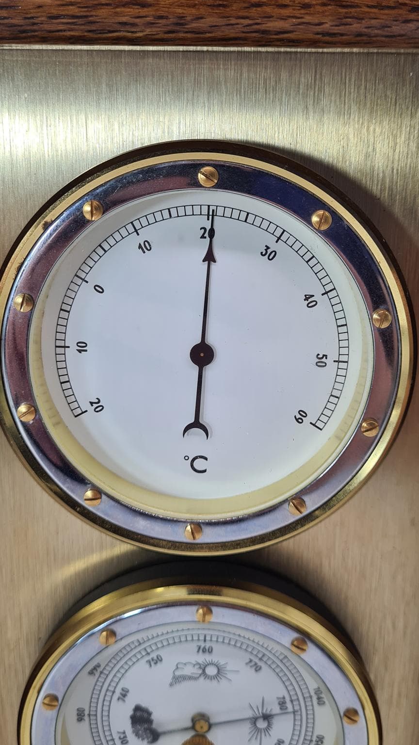 Stacja pogodowa, brązowy ciemny, drewno mosiądz, Holandia, lata 70. - 181995