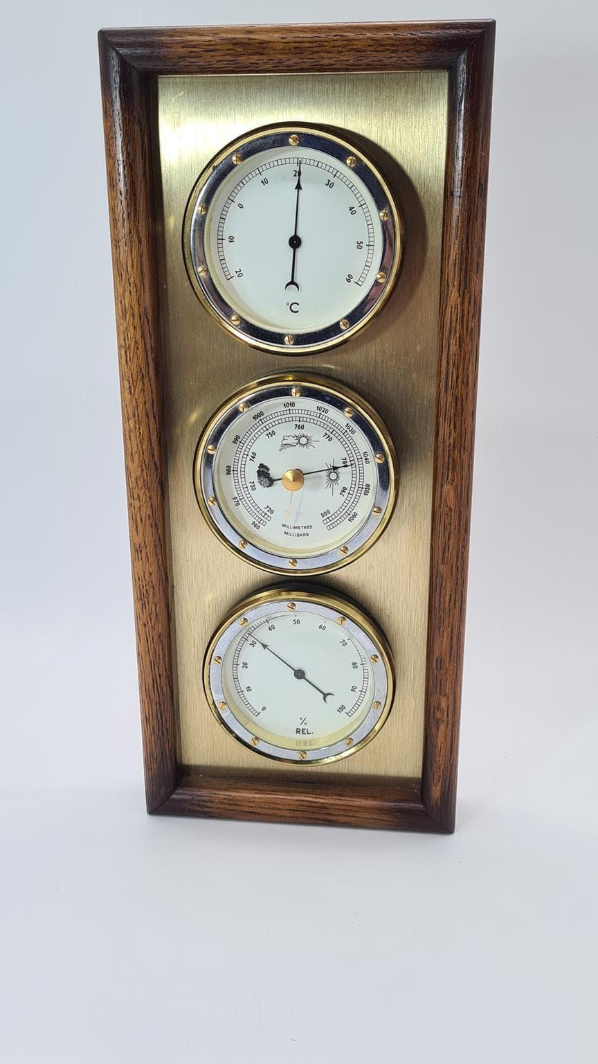 Stacja pogodowa, brązowy ciemny, drewno mosiądz, Holandia, lata 70. - 181992