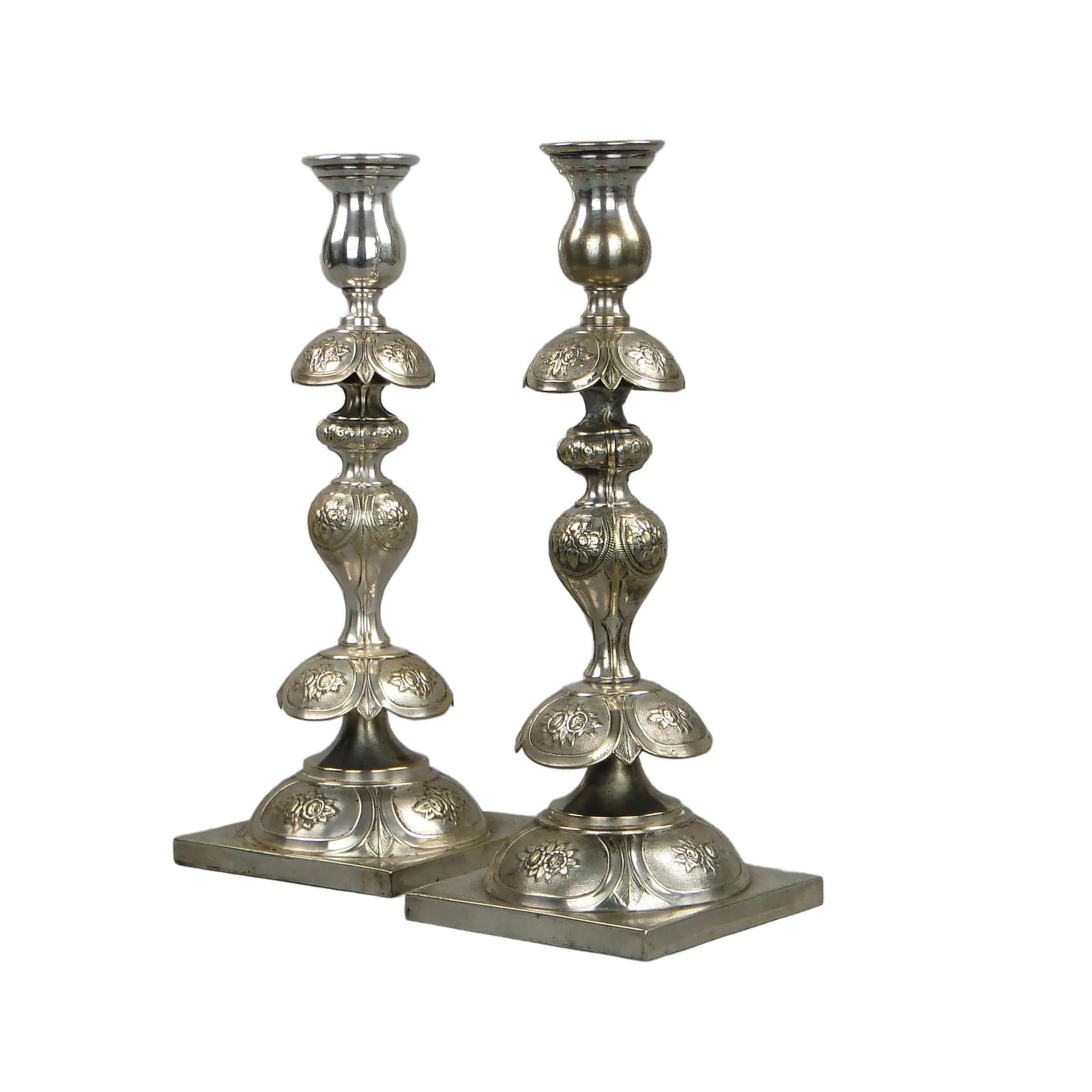 Pair of table candlesticks, silvered brass, Poland, 19th c.