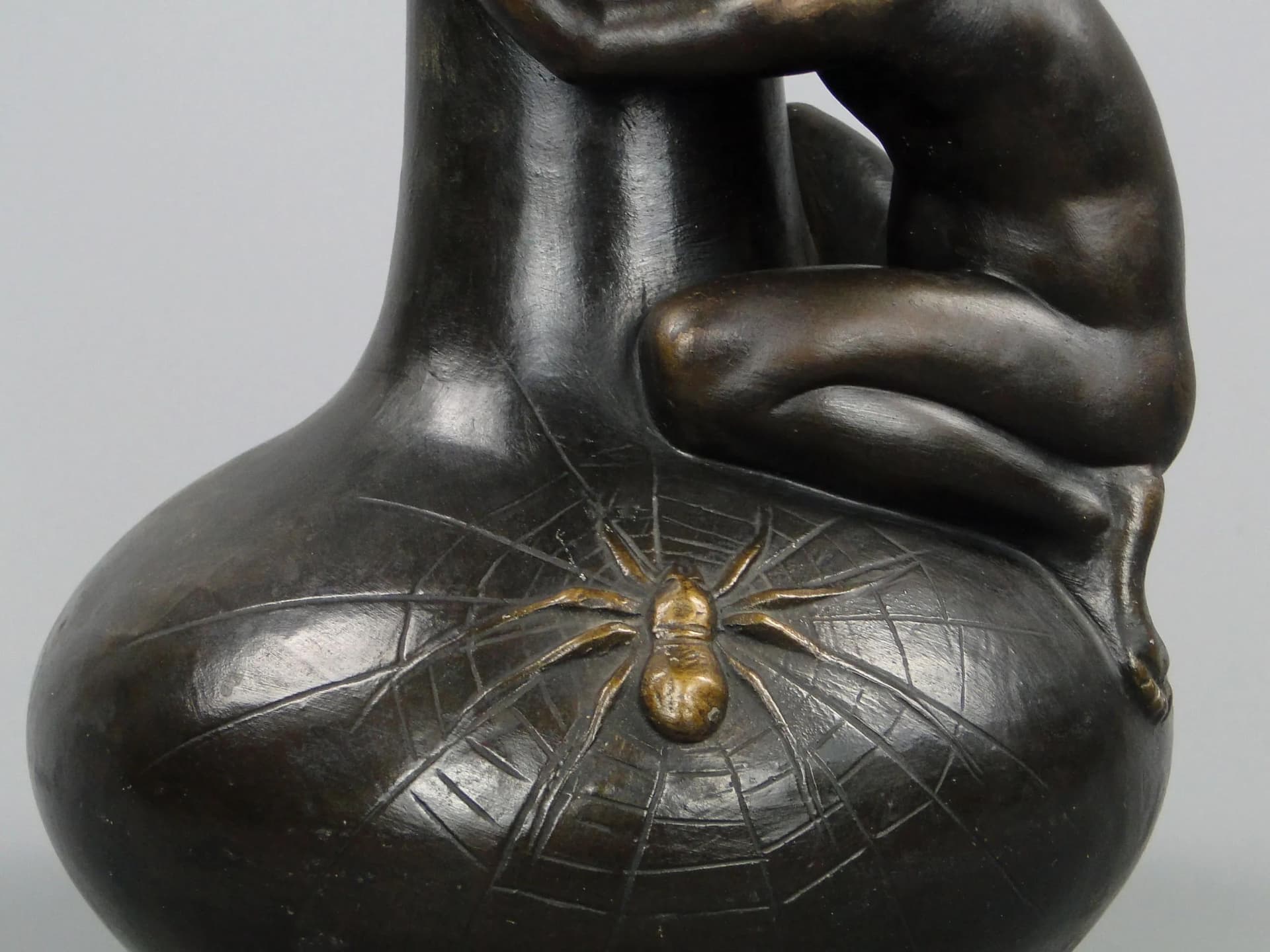 Art Nouveau Vase Boy with Spider, dark brown ceramic, Austria, early 20th c. - 12572
