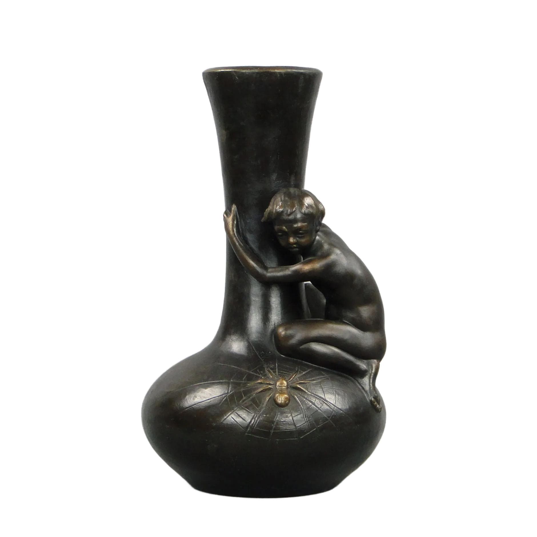 Art Nouveau Vase Boy with Spider, dark brown ceramic, Austria, early 20th c.