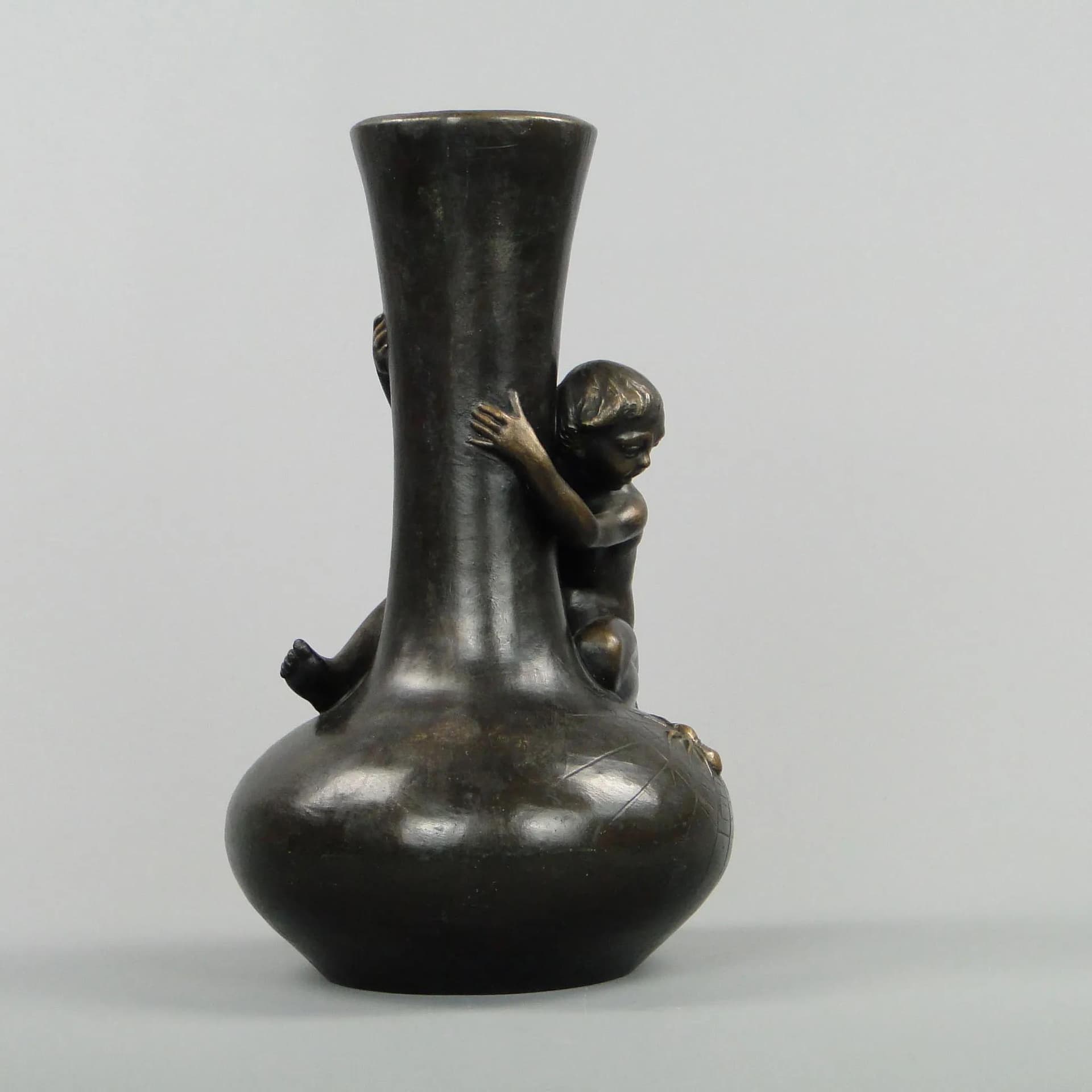 Art Nouveau Vase Boy with Spider, dark brown ceramic, Austria, early 20th c. - 12576