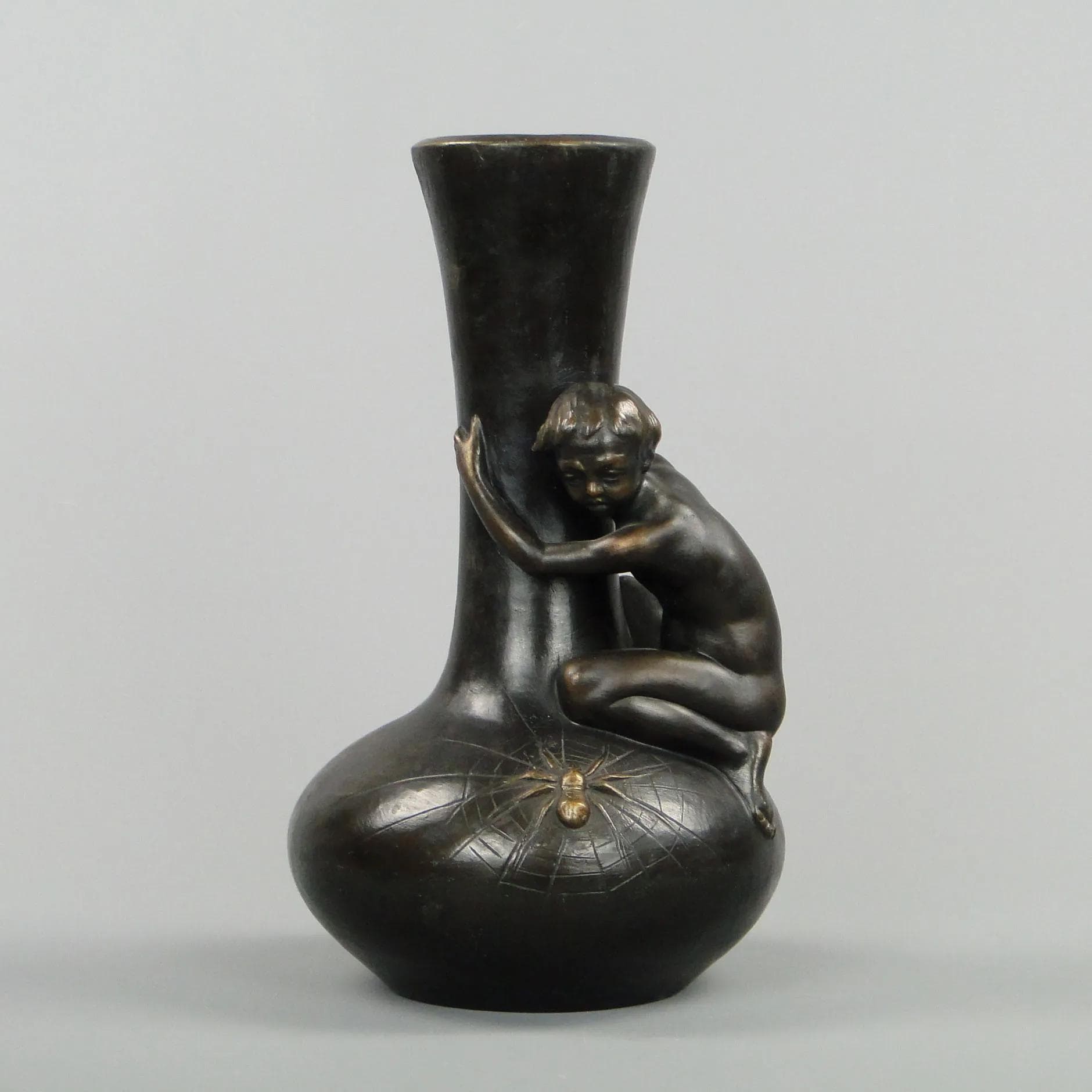 Art Nouveau Vase Boy with Spider, dark brown ceramic, Austria, early 20th c. - 12570