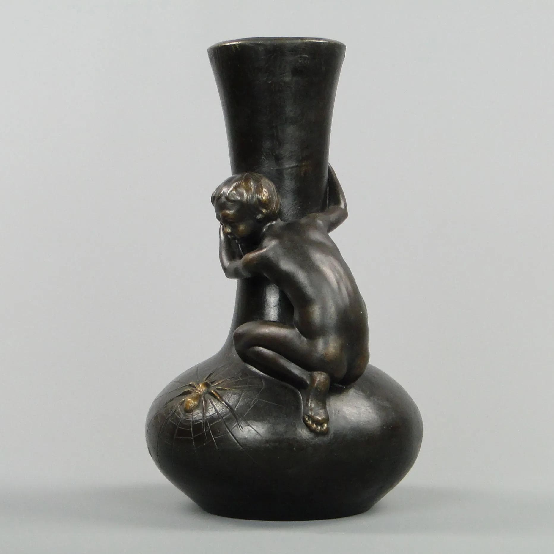 Art Nouveau Vase Boy with Spider, dark brown ceramic, Austria, early 20th c. - 12573