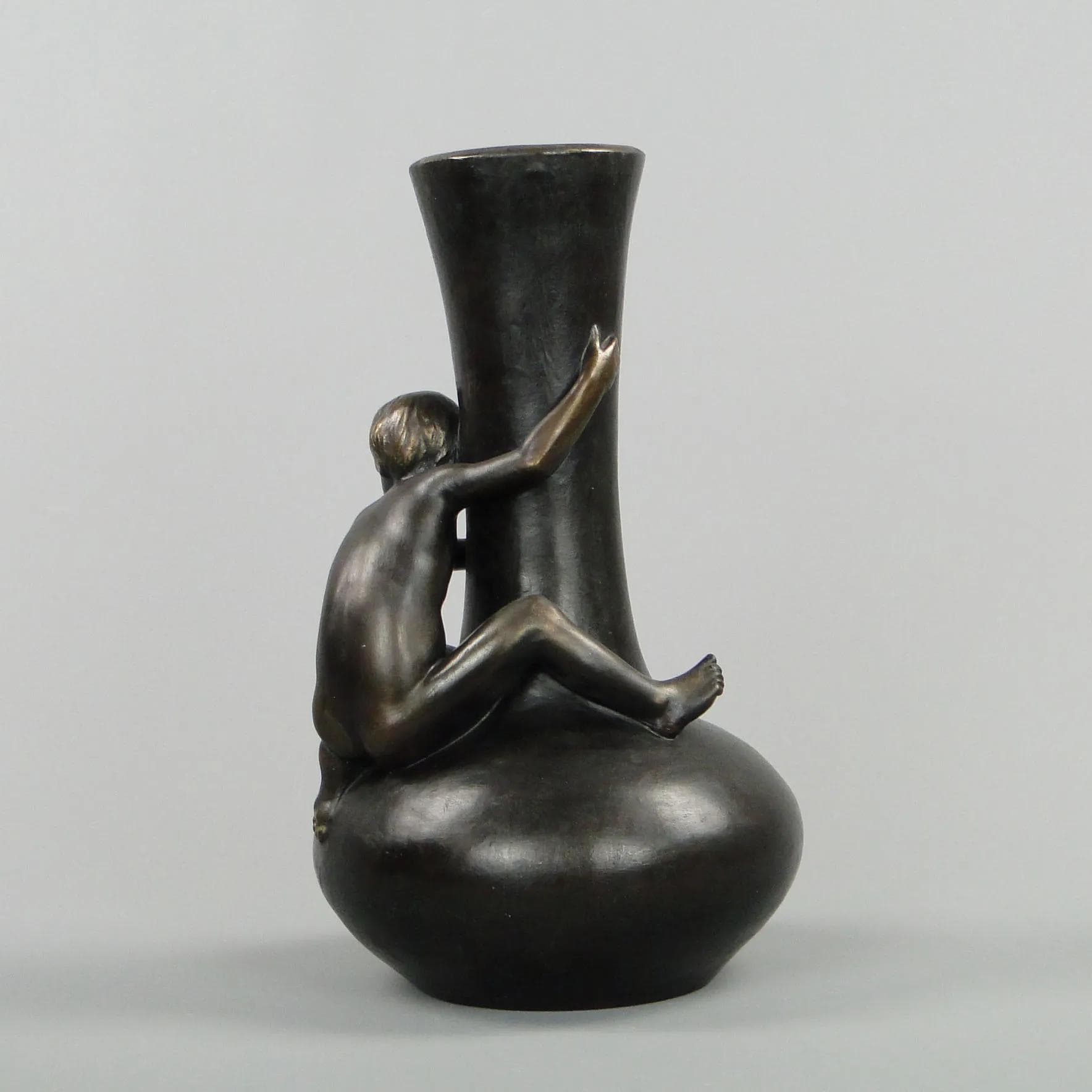 Art Nouveau Vase Boy with Spider, dark brown ceramic, Austria, early 20th c. - 12575
