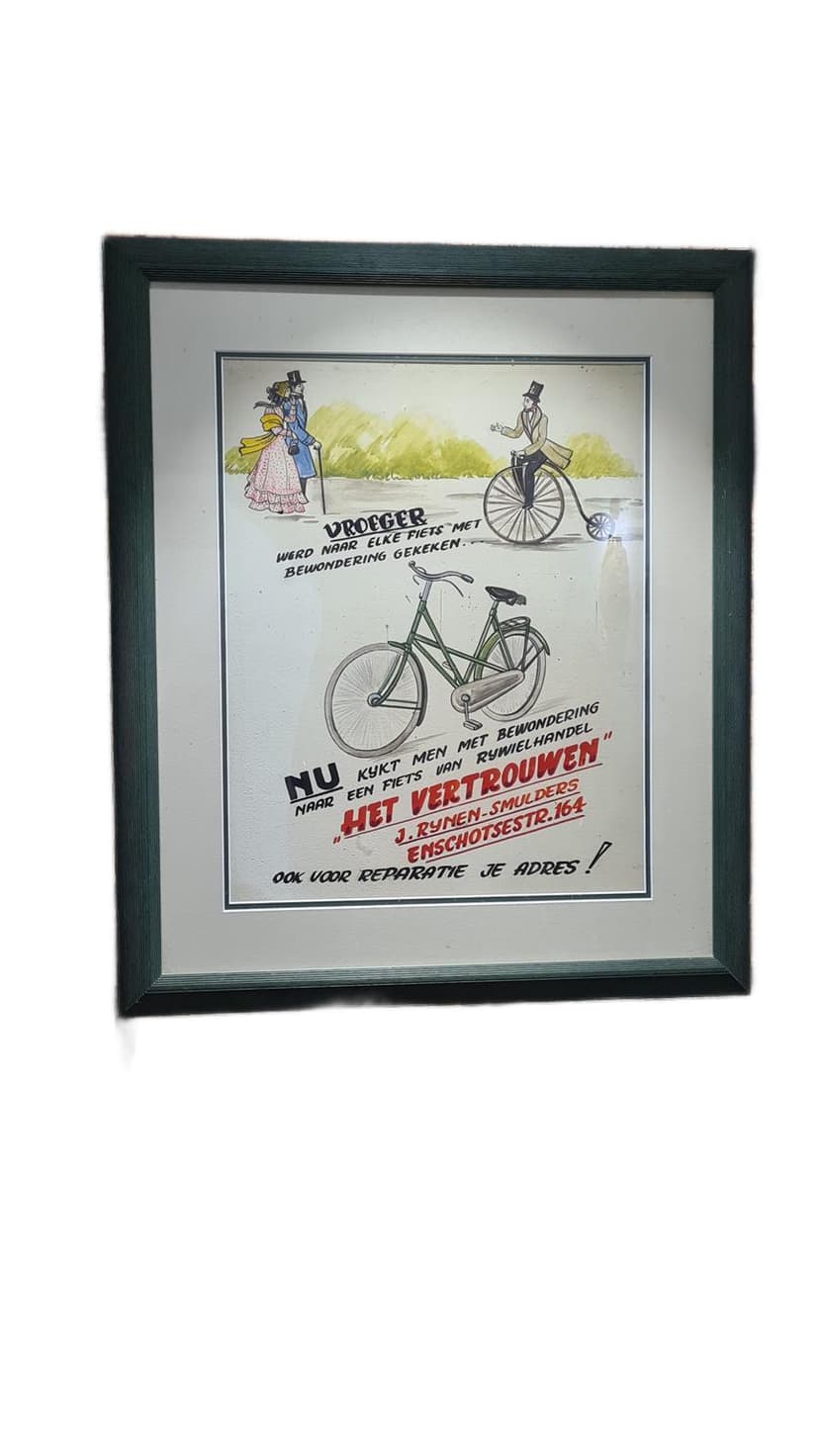 Plakat rowerowy Art Nouveau, zielony, Holandia, lata 70.