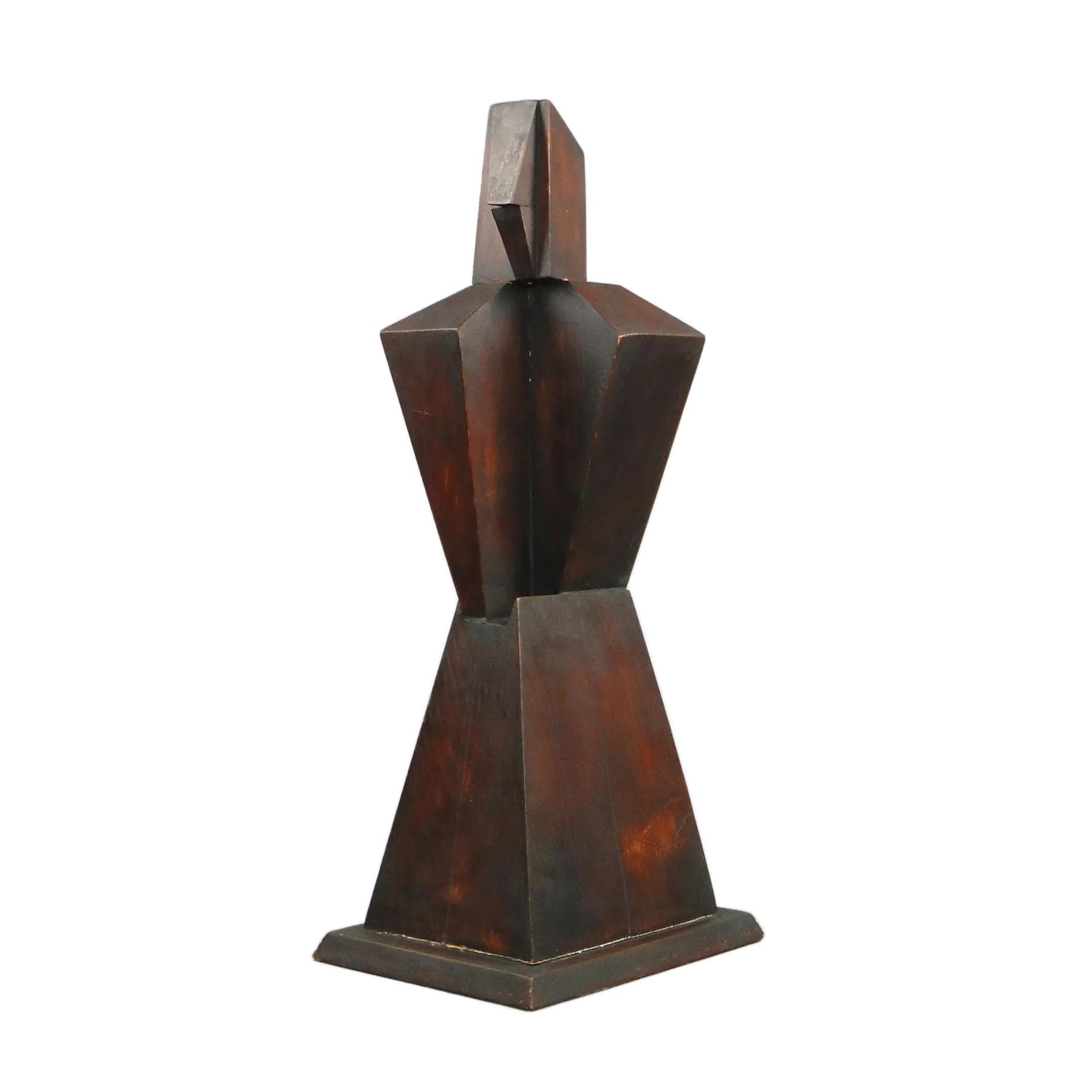 Rzeźba kubistyczna, brąz ciemny, drewno iglaste, Polska, lata 60.