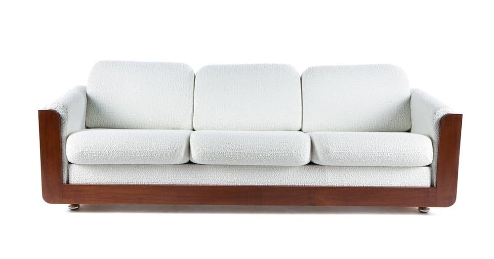 Zestaw wypoczynkowy Drevotar 3 części, biały kość słoniowa brązowy, tkanina bouclé, orzech, lata 70. - 184686