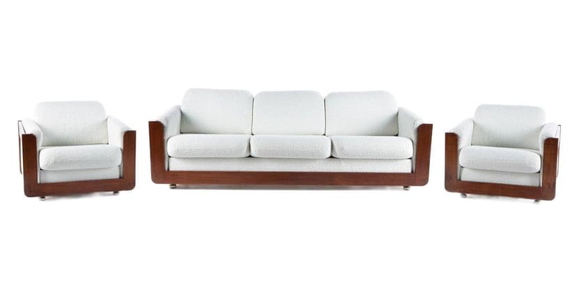 Zestaw wypoczynkowy Drevotar 3 części, biały kość słoniowa brązowy, tkanina bouclé, orzech, lata 70.