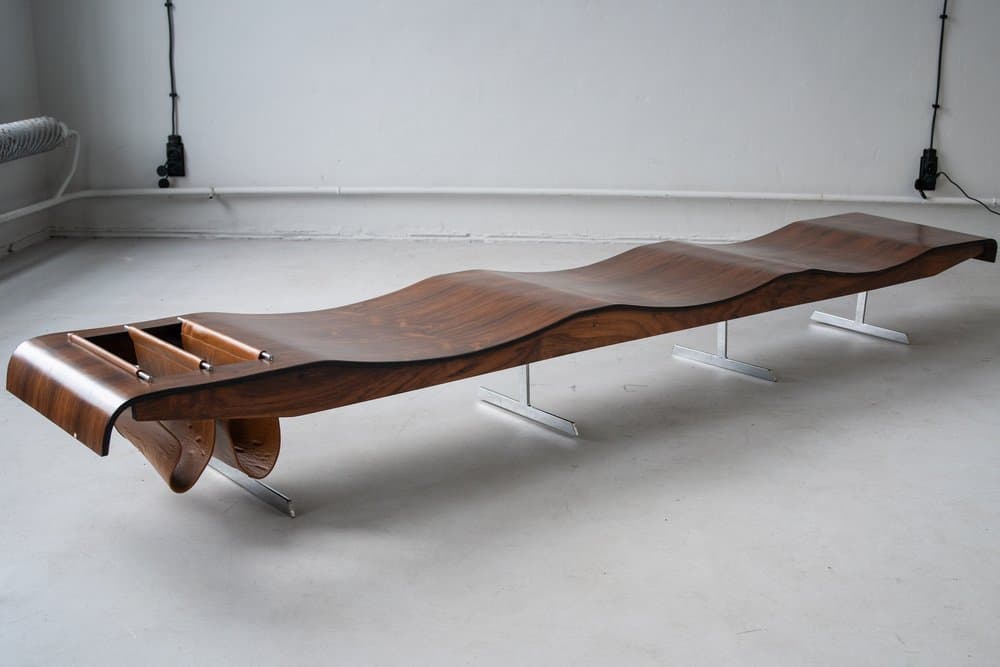 Ławka Onda z półką na gazety, brązowa, palisander, proj. J. Zalszupin, Atelier Moveis, lata 50. - 184322