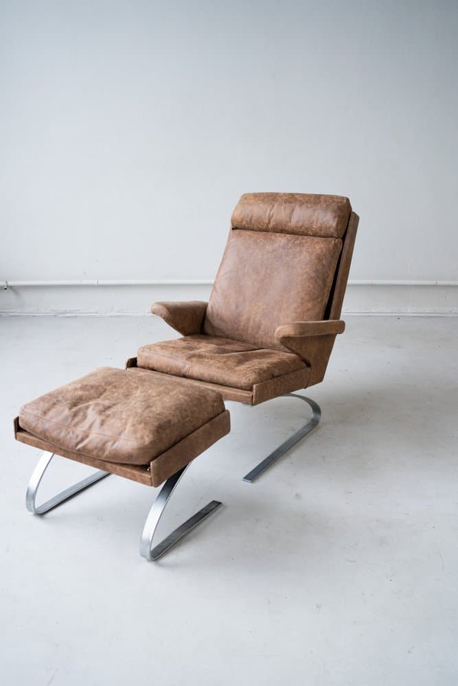 Zestaw fotel bujany z podnóżkiem, skóra, proj. R. Adolf, COR, lata 70. - 184291