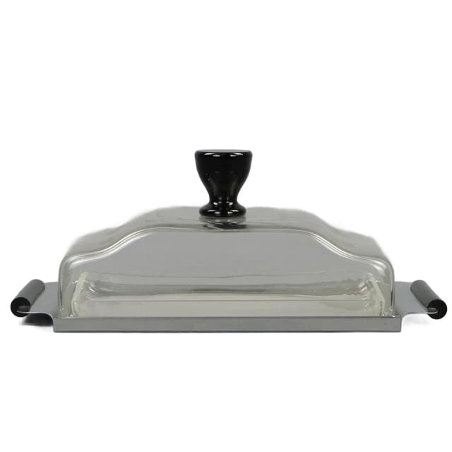 Pojemnik na ser Art déco, szkło kryształowe transparentne, bakelit czarny, metal biały, Polska, lata 30. - WYMIARY