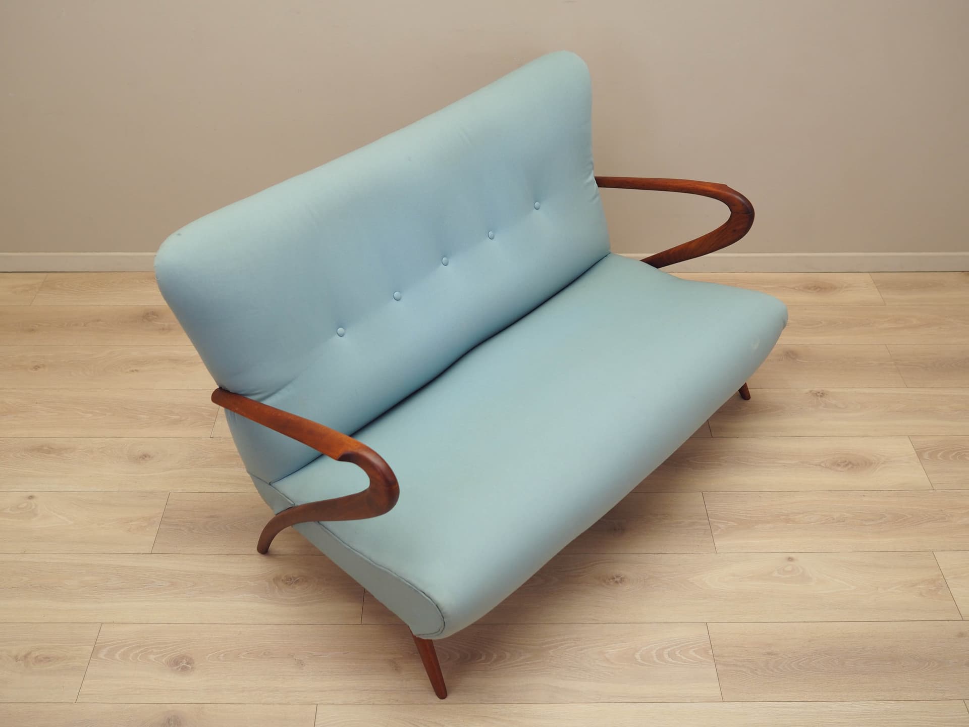 Sofa, turquoise fabric, beech, Italy, 1970s. - 184111