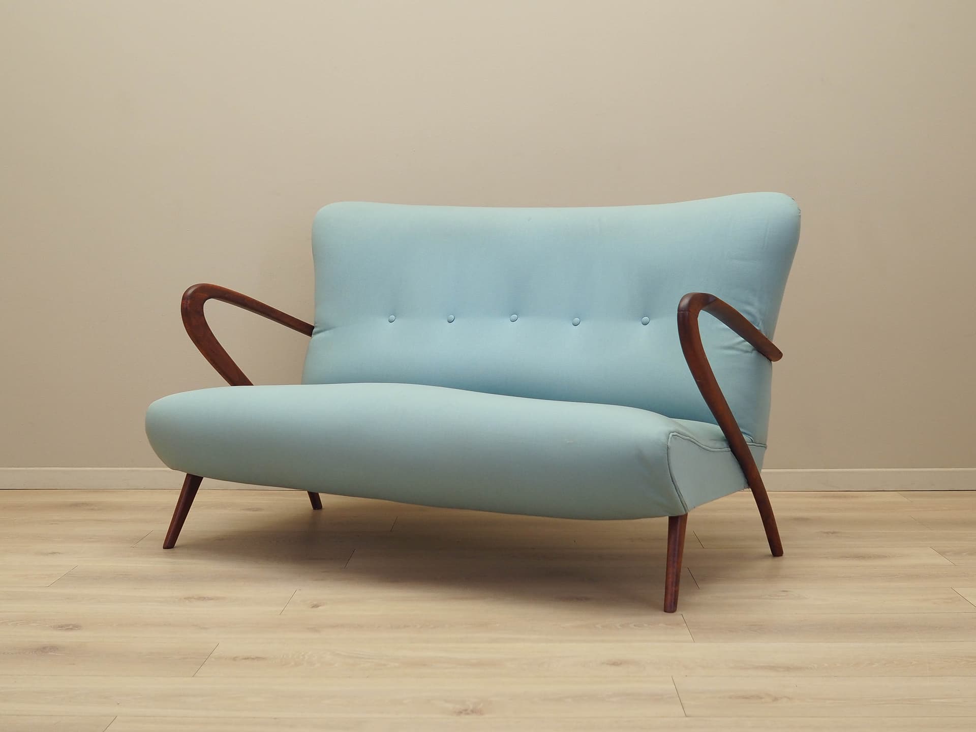 Sofa, turquoise fabric, beech, Italy, 1970s. - 184107