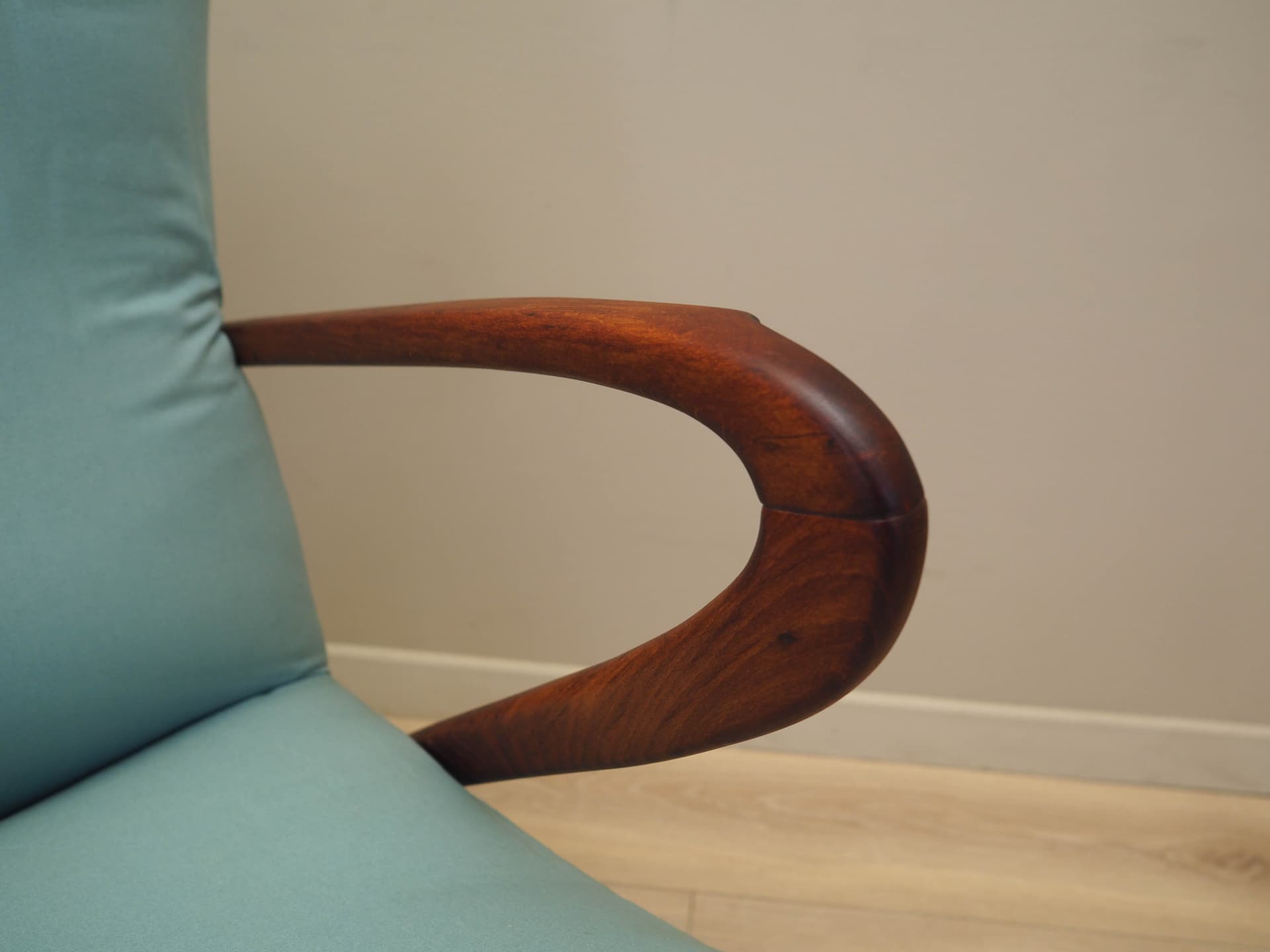 Sofa, turquoise fabric, beech, Italy, 1970s. - 184116