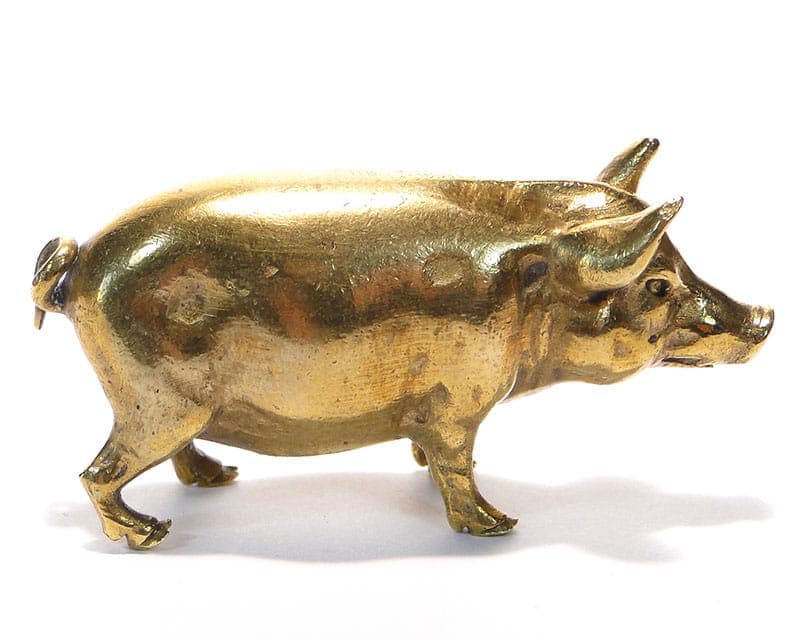 Figurka świnki, Art Nouveau, złoty, brąz, Austria, początek XX w. - 184878