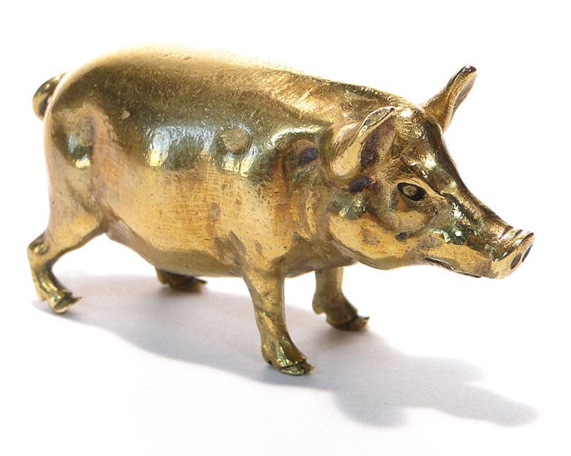 Figurka świnki, Art Nouveau, złoty, brąz, Austria, początek XX w. - 184879