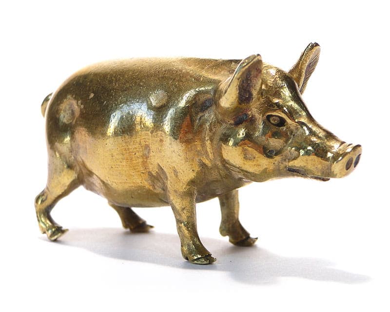Figurka świnki, Art Nouveau, złoty, brąz, Austria, początek XX w. - 184876