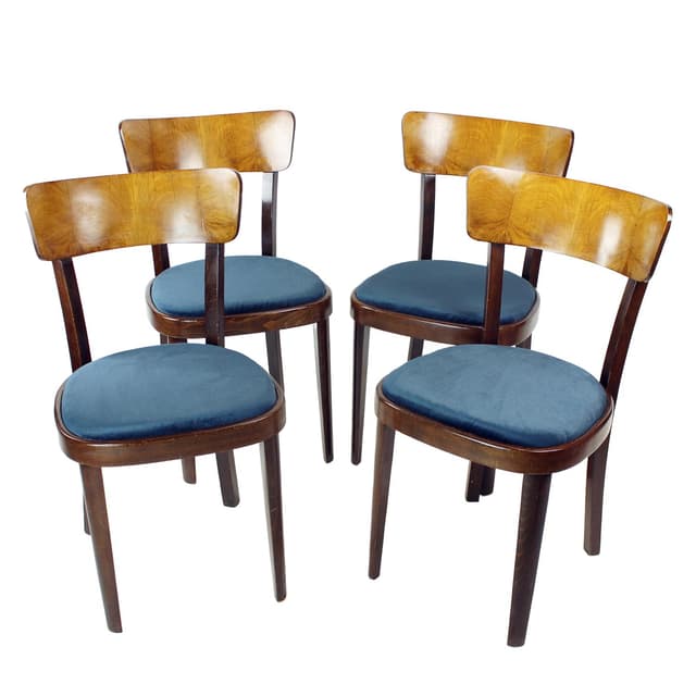 Zestaw czterech krzeseł, navy blue velvet, dąb, orzech, Tatra Nabytok, Czechosłowacja, lata 50. - WYMIARY