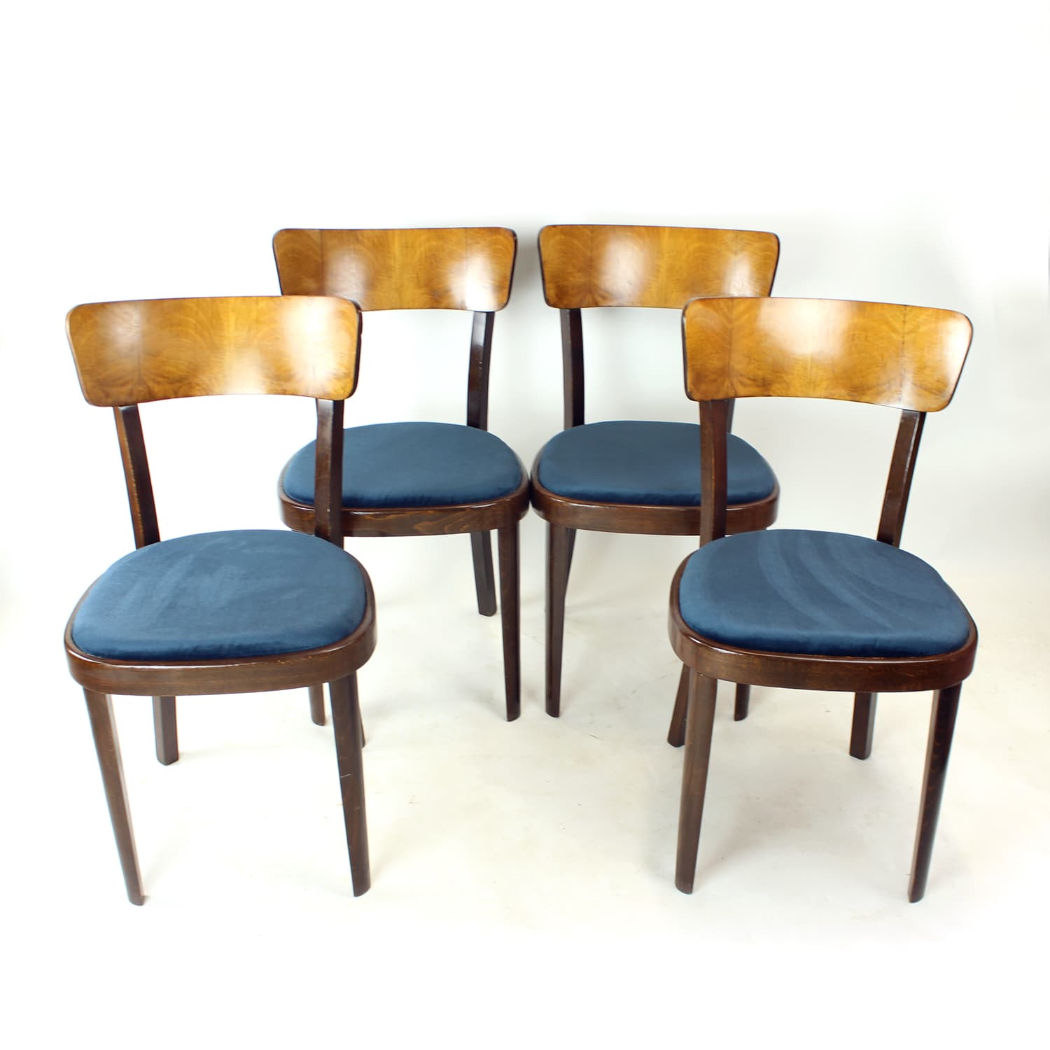 Zestaw czterech krzeseł, navy blue velvet, dąb, orzech, Tatra Nabytok, Czechosłowacja, lata 50. - 185021