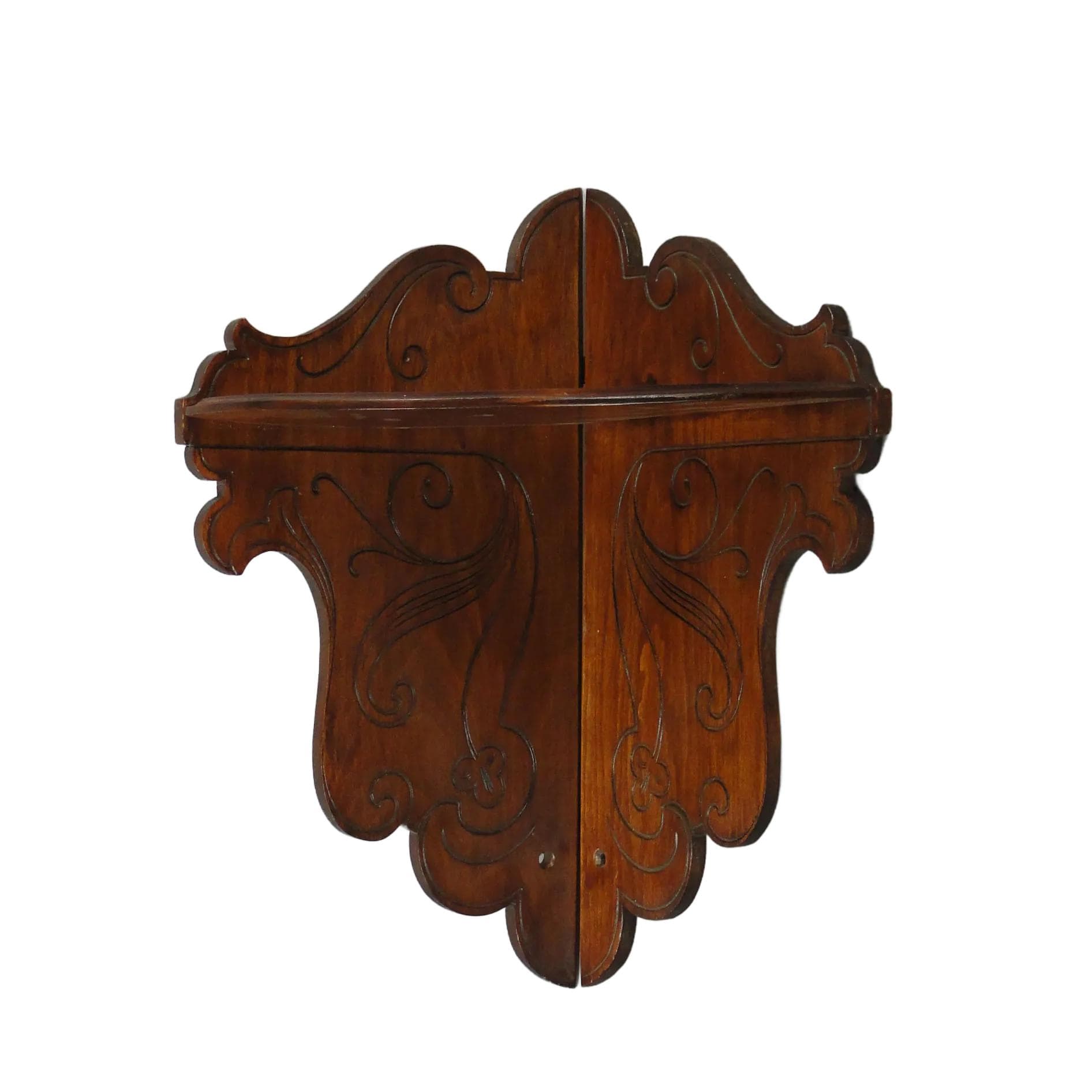 Półka narożna secesyjna, orzech brąz ciemny, Polska, lata 20.