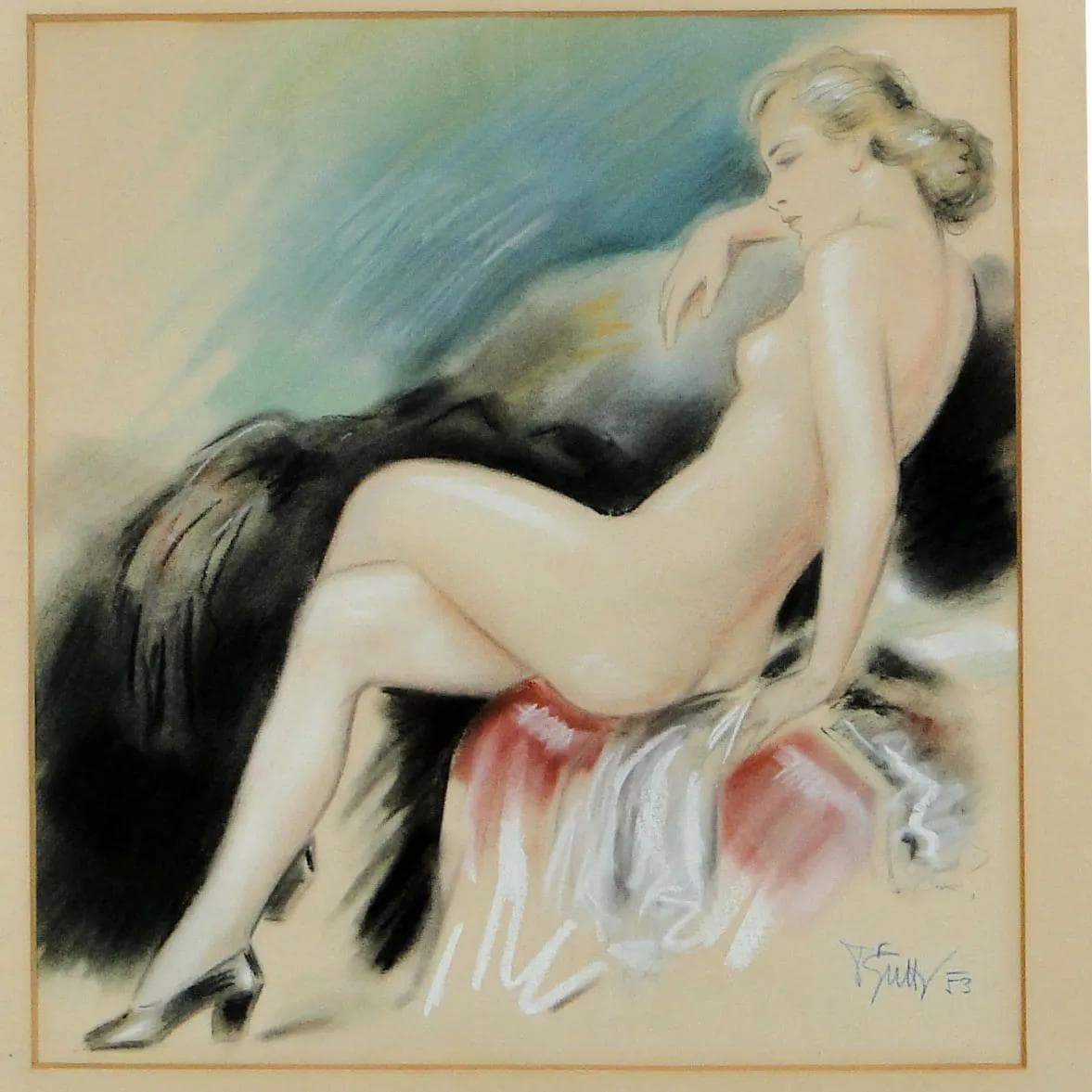 Pastel, female study, multicolor, paper, by F. Sutty, Czech Republic, 1950s. - 13081