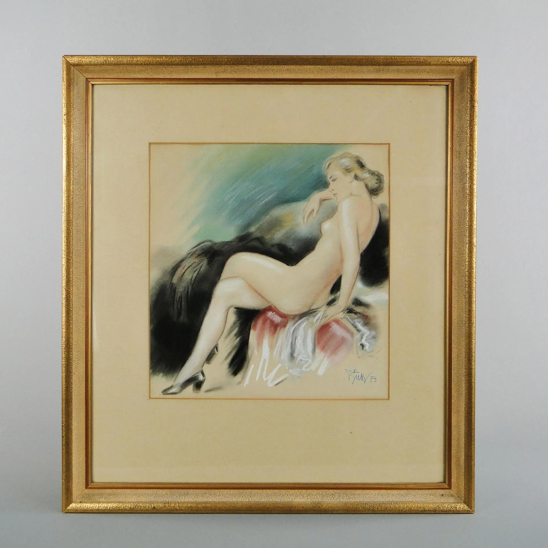 Pastel, female study, multicolor, paper, by F. Sutty, Czech Republic, 1950s. - 13076