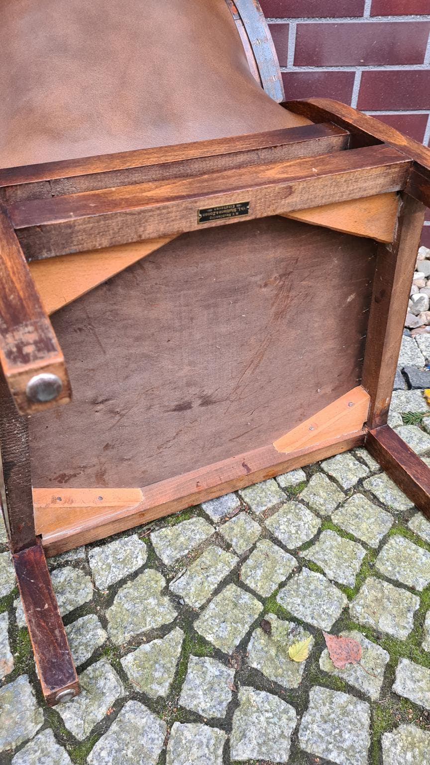 Fotel, brązowy, drewno, skóra naturalna, N.V. Meubileering v/h L. Stultiens & Zonen, Holandia, lata 50. - 185776