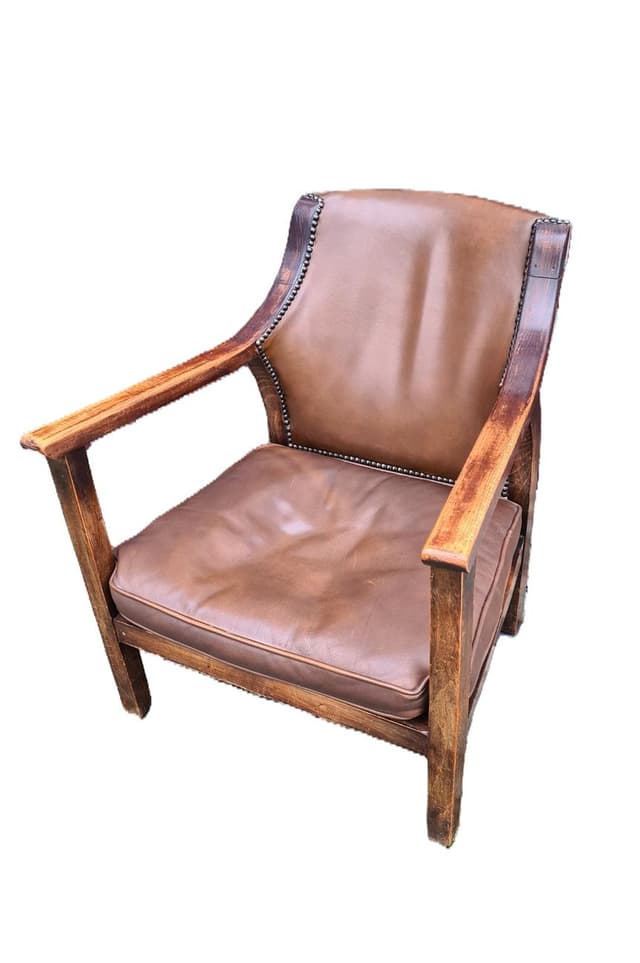 Fotel, brązowy, drewno, skóra naturalna, N.V. Meubileering v/h L. Stultiens & Zonen, Holandia, lata 50. - WYMIARY