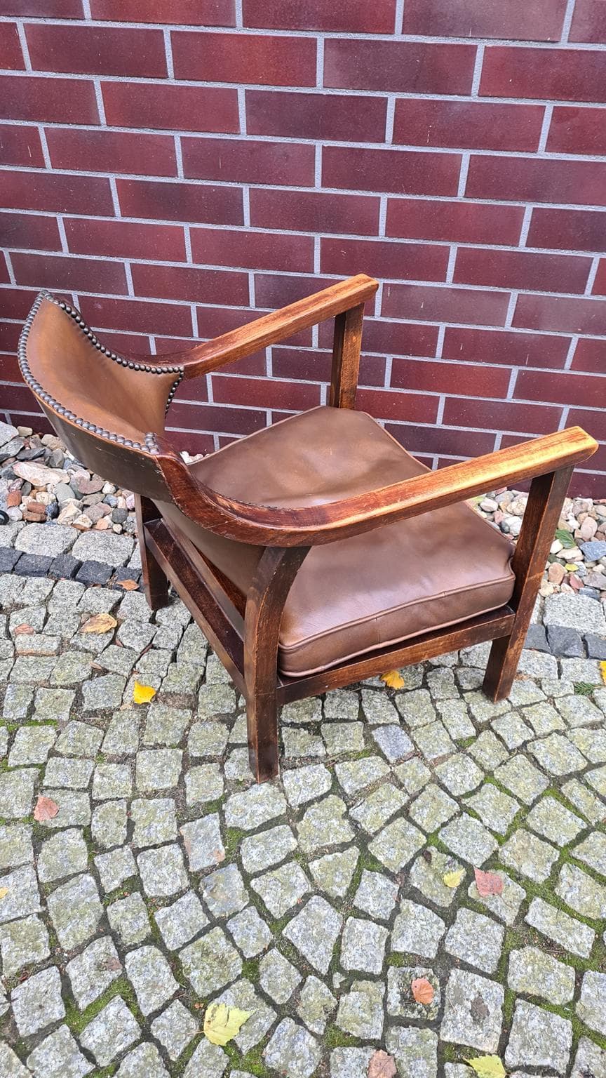 Fotel, brązowy, drewno, skóra naturalna, N.V. Meubileering v/h L. Stultiens & Zonen, Holandia, lata 50. - 185772