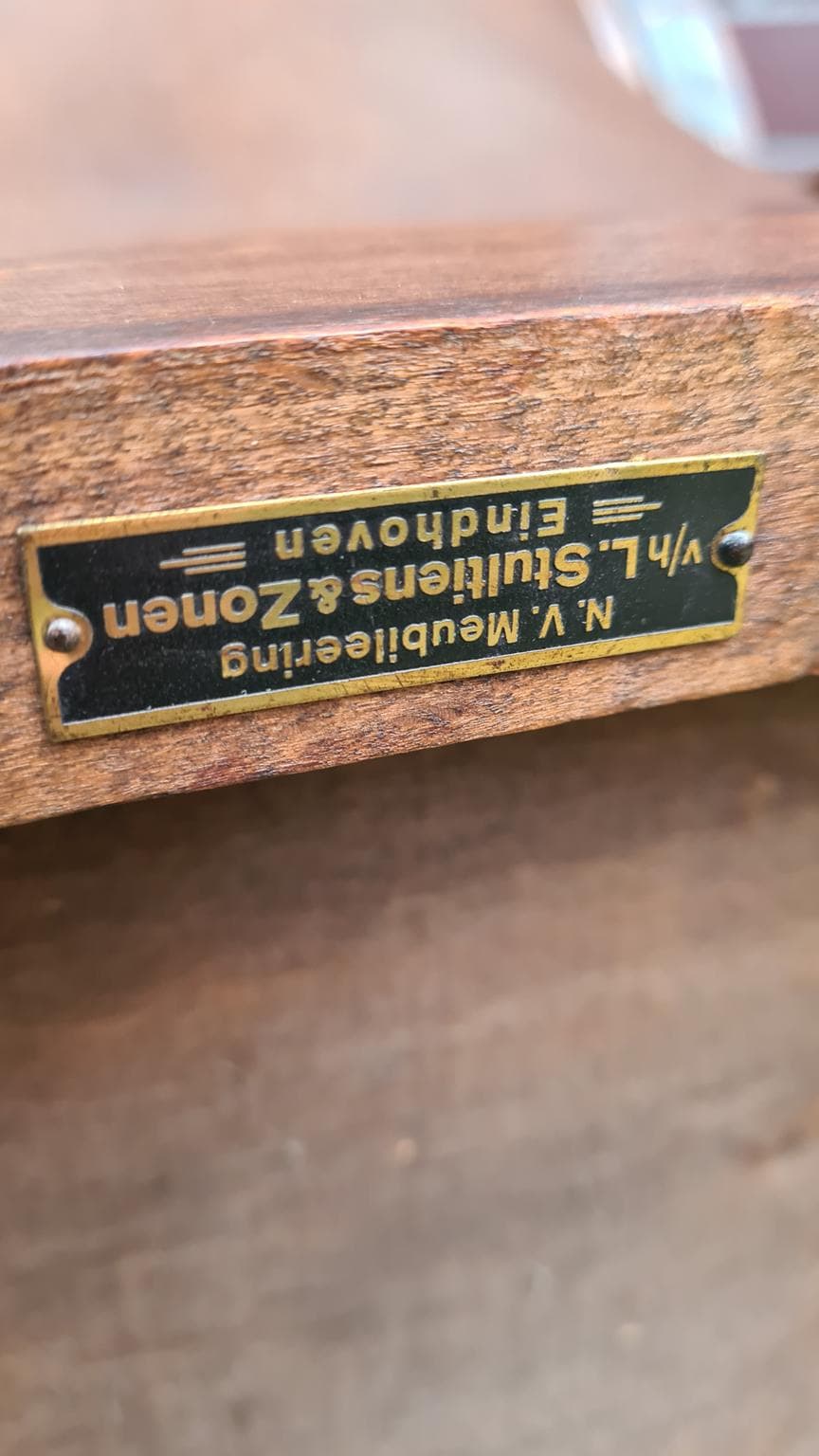 Fotel, brązowy, drewno, skóra naturalna, N.V. Meubileering v/h L. Stultiens & Zonen, Holandia, lata 50. - 185777