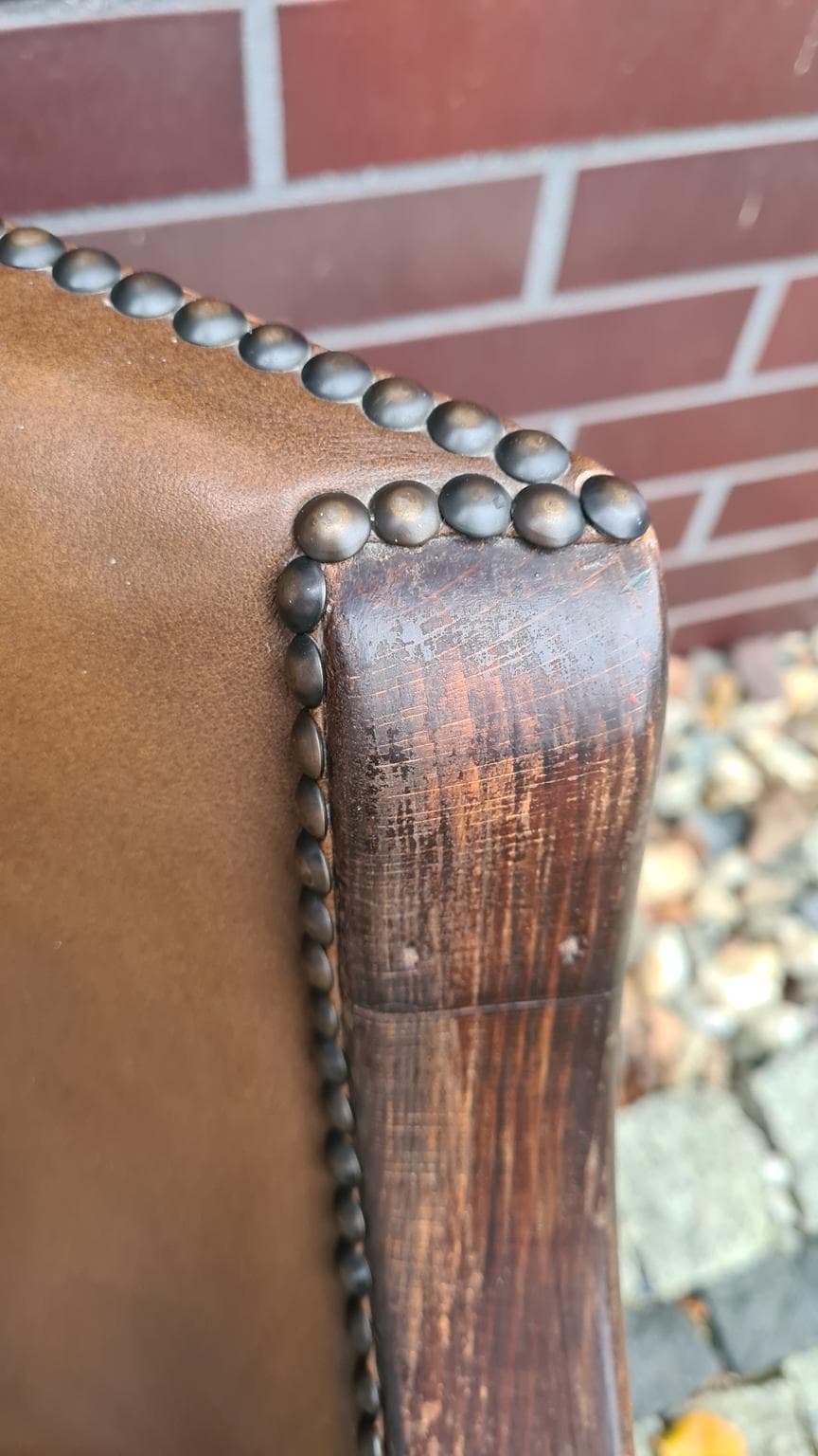 Fotel, brązowy, drewno, skóra naturalna, N.V. Meubileering v/h L. Stultiens & Zonen, Holandia, lata 50. - 185767