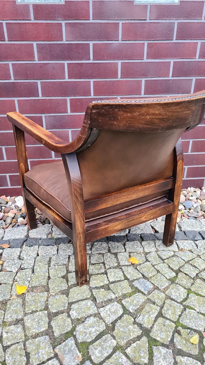 Fotel, brązowy, drewno, skóra naturalna, N.V. Meubileering v/h L. Stultiens & Zonen, Holandia, lata 50. - 185773