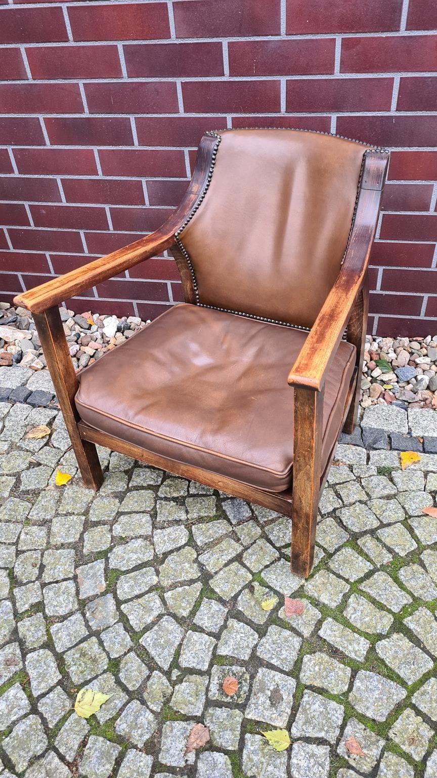 Fotel, brązowy, drewno, skóra naturalna, N.V. Meubileering v/h L. Stultiens & Zonen, Holandia, lata 50. - 185765