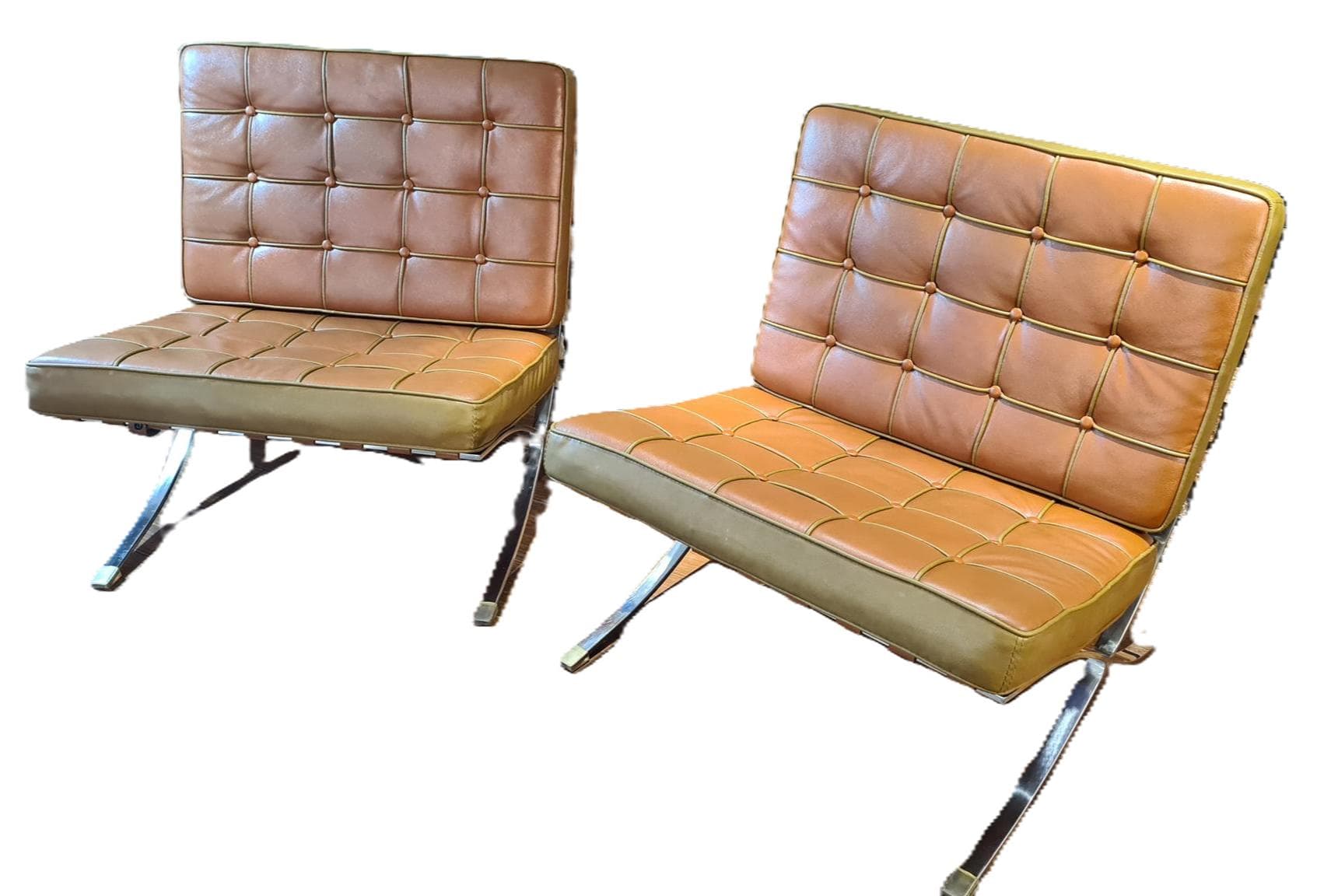 Para foteli Barcelona, skóra brązowa, ekoskóra brązowa, stal chromowana, Niemcy, lata 70.