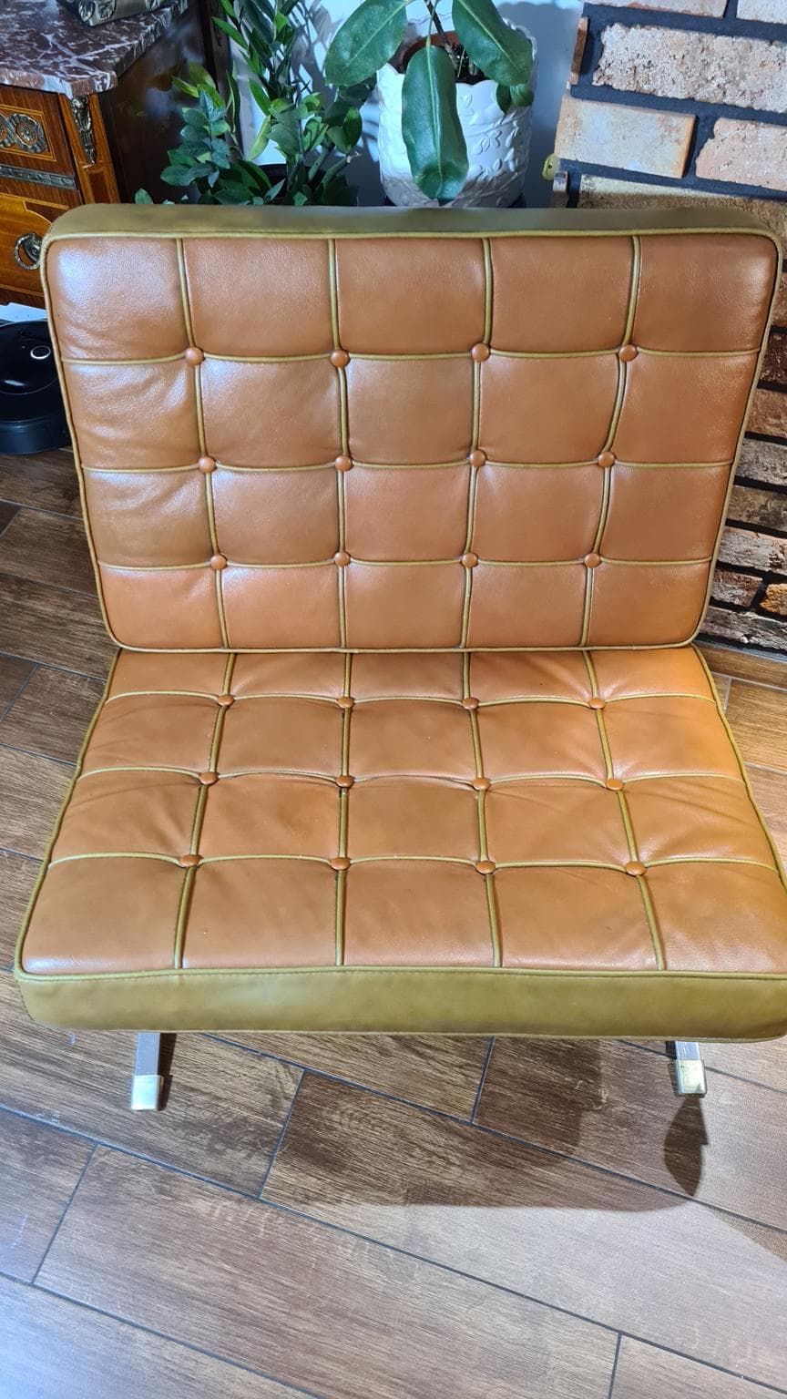 Para foteli Barcelona, skóra brązowa, ekoskóra brązowa, stal chromowana, Niemcy, lata 70. - 185853