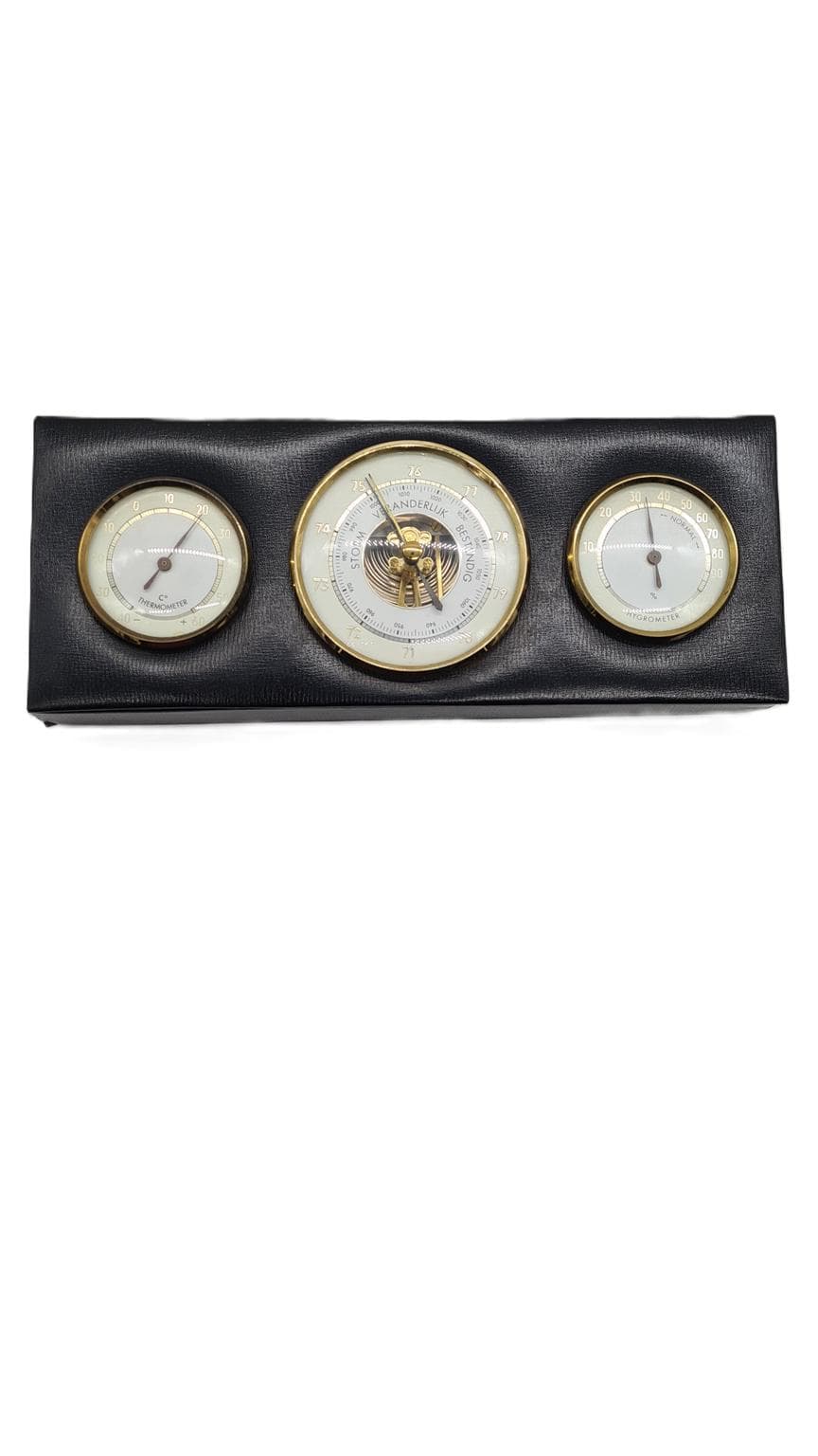 Stacja pogodowa ścienna, czarny winyl, mosiądz, szkło, Holandia, lata 60.