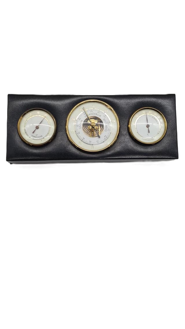 Stacja pogodowa ścienna, czarny winyl, mosiądz, szkło, Holandia, lata 60. - WYMIARY