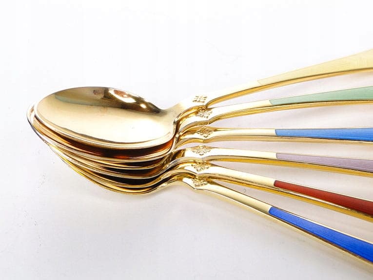 Set of moka spoons, multicolor enamel, gilt silver, Nonne, Sweden, 1950s - 186495