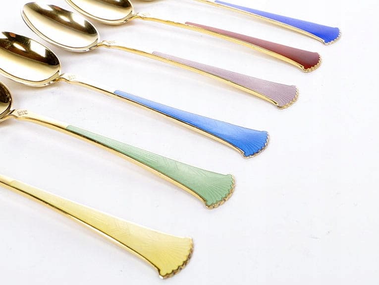 Set of moka spoons, multicolor enamel, gilt silver, Nonne, Sweden, 1950s - 186503