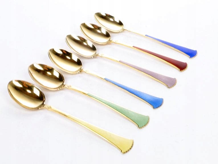 Set of moka spoons, multicolor enamel, gilt silver, Nonne, Sweden, 1950s