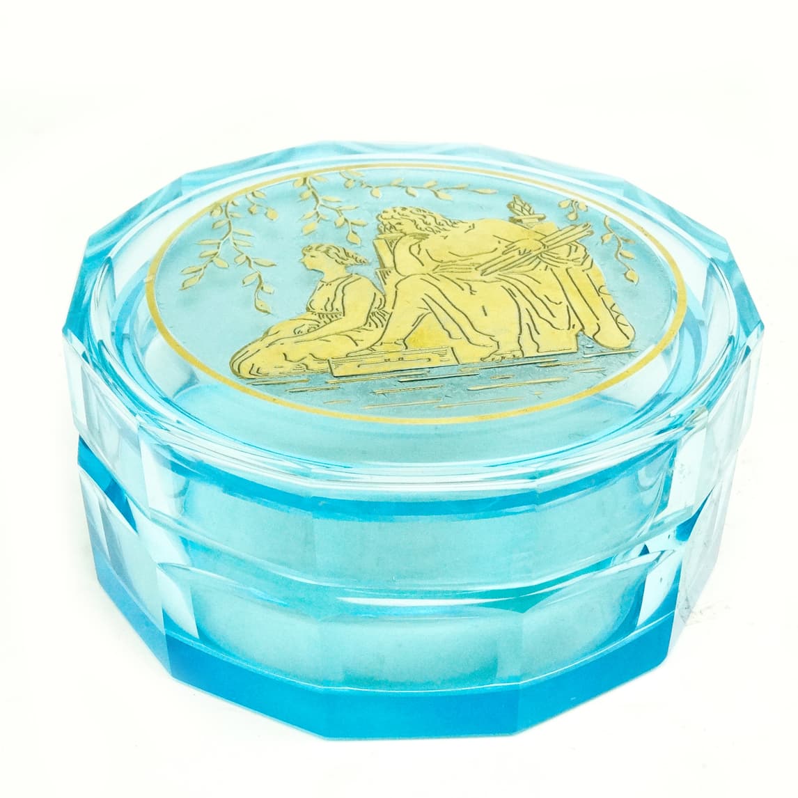 Bomboniera Art déco, kryształ turkusowy, oroplastyka, Moser, Czechosłowacja, lata 30. - 186875