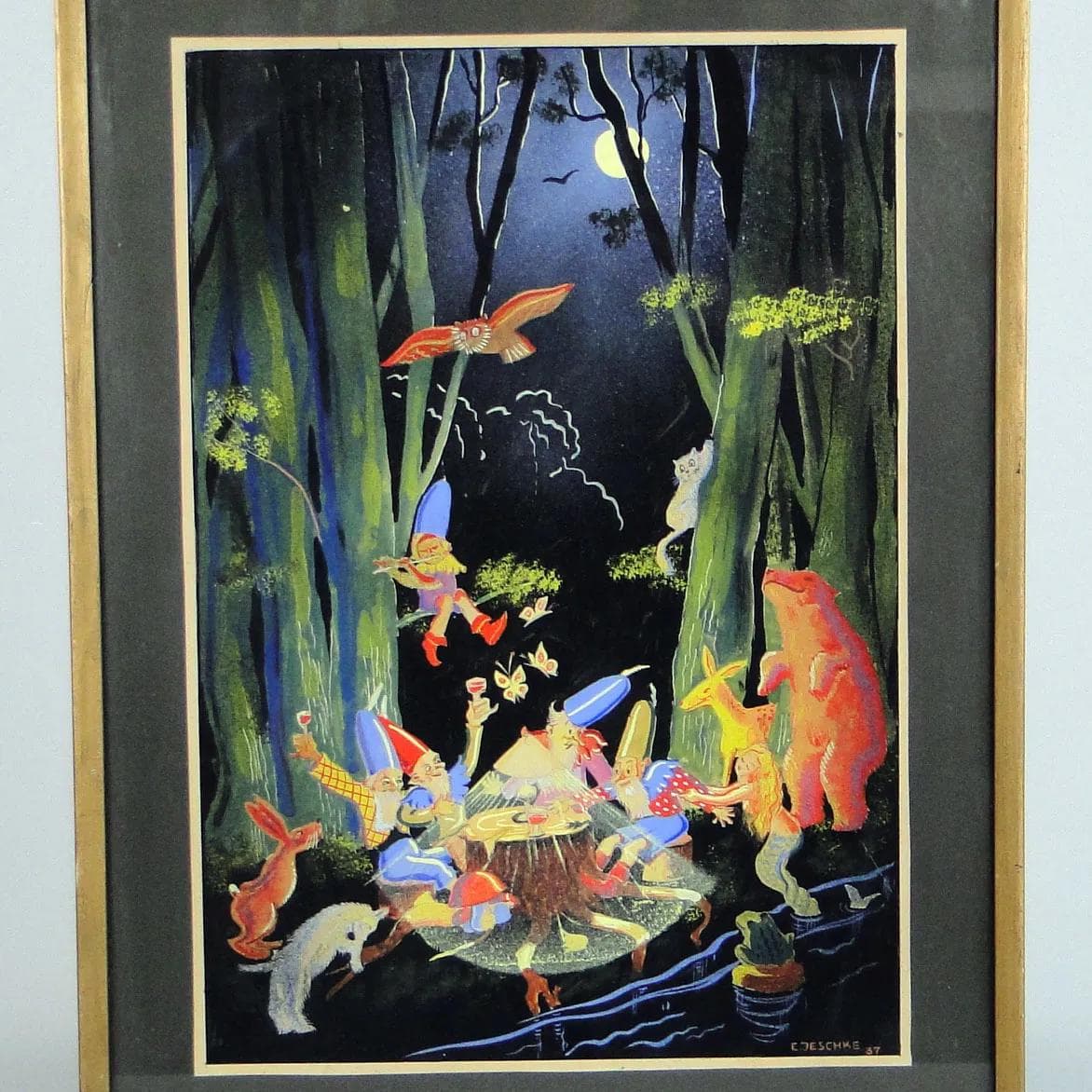 Obraz Biesiada w lesie, tempera, papier, aut. E. Jeschke, Czechosłowacja, lata 30. - 12972