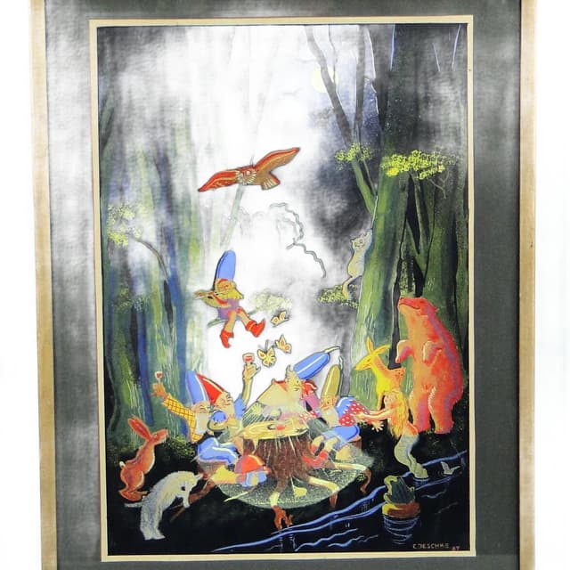 Obraz Biesiada w lesie, tempera, papier, aut. E. Jeschke, Czechosłowacja, lata 30. - WYMIARY